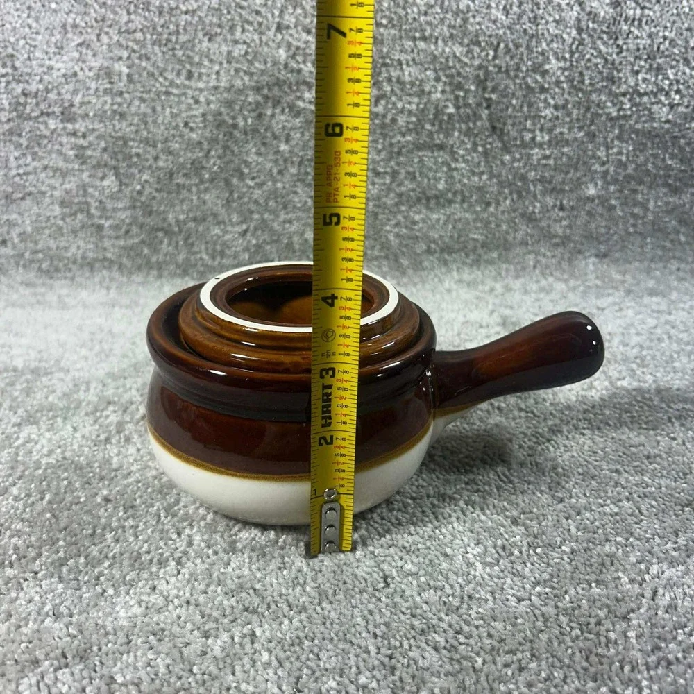 French Onion Soup Bowl Brown Cream Two-Tone Stoneware with Lid Vintage‎
